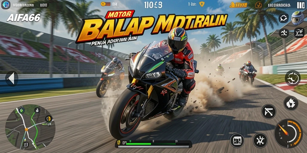 Gameplay AIFA66 menunjukkan balapan motor yang menegangkan dan seru.