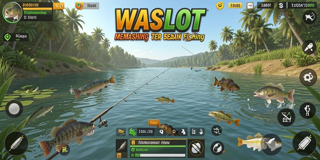 Tampilan gameplay <strong>WASLOT</strong> saat memancing dengan berbagai ikan dan lokasi.